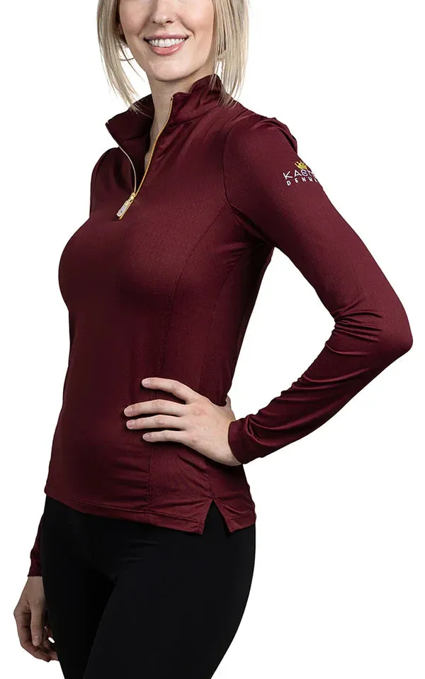 1/4 Zip Long Sleeve Shirred Shoulder - Tawny Port with Gold Zipper