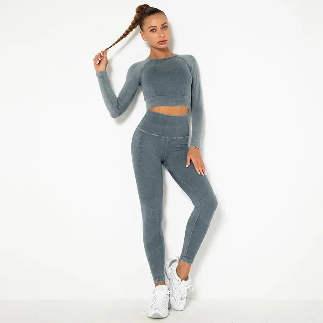 2-Piece Seamless Yoga Sport Suit for Women - Long Sleeve Crop Top   High Waist Leggings