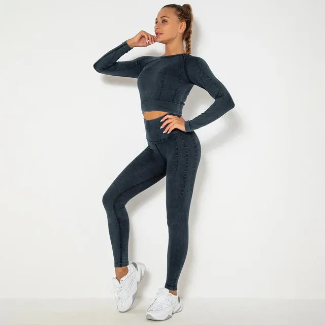 2-Piece Seamless Yoga Sport Suit for Women - Long Sleeve Crop Top   High Waist Leggings