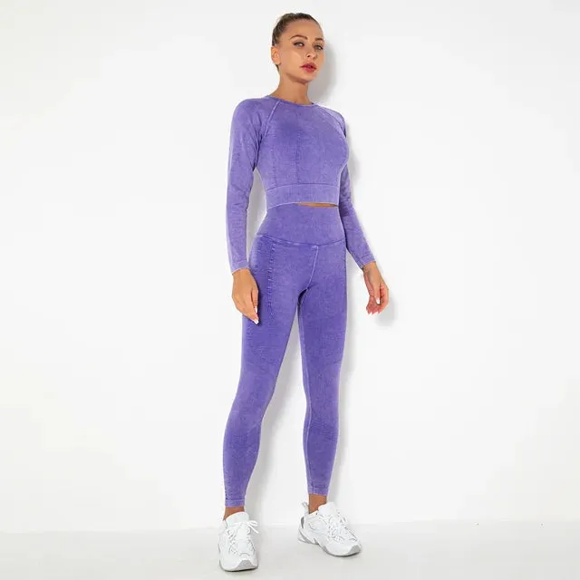 2-Piece Seamless Yoga Sport Suit for Women - Long Sleeve Crop Top   High Waist Leggings