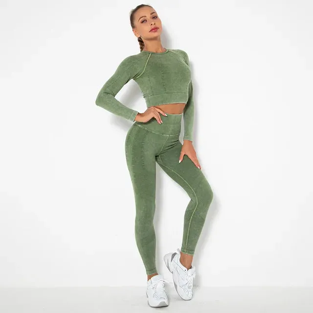 2-Piece Seamless Yoga Sport Suit for Women - Long Sleeve Crop Top   High Waist Leggings