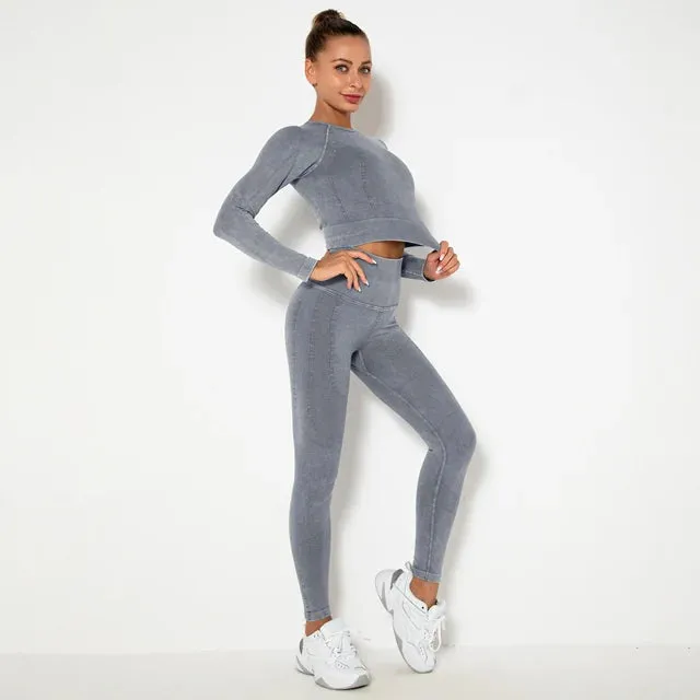 2-Piece Seamless Yoga Sport Suit for Women - Long Sleeve Crop Top   High Waist Leggings