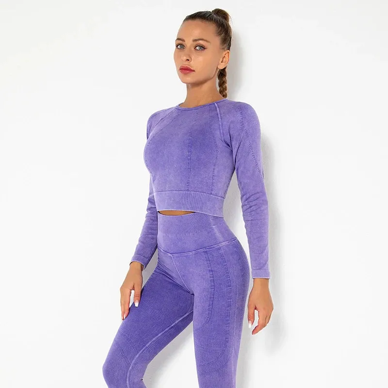 2-Piece Seamless Yoga Sport Suit for Women - Long Sleeve Crop Top   High Waist Leggings