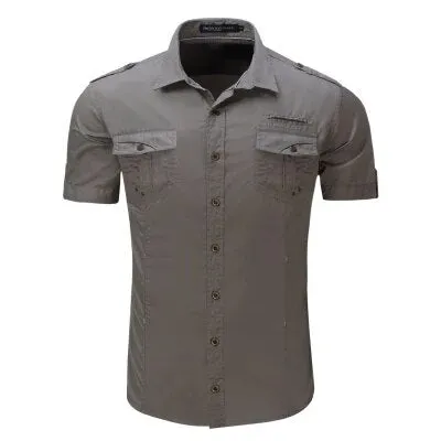 2021 New Arrive Mens Cargo Shirt Men Casual Shirt Solid Short Sleeve Shirts Multi Pocket Work Shirt Plus Size 100% Cotton