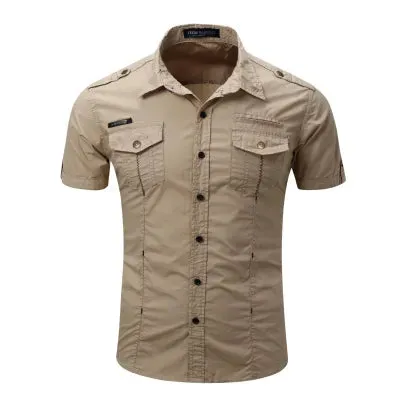 2021 New Arrive Mens Cargo Shirt Men Casual Shirt Solid Short Sleeve Shirts Multi Pocket Work Shirt Plus Size 100% Cotton