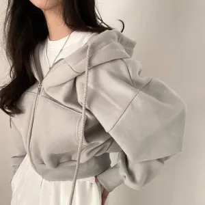 2025 Autumn And Winter New Instagramsadd Velvet Fashion Short Slim Zipper Warm Solid Color Hoodie Woman Simple Short Hoodie