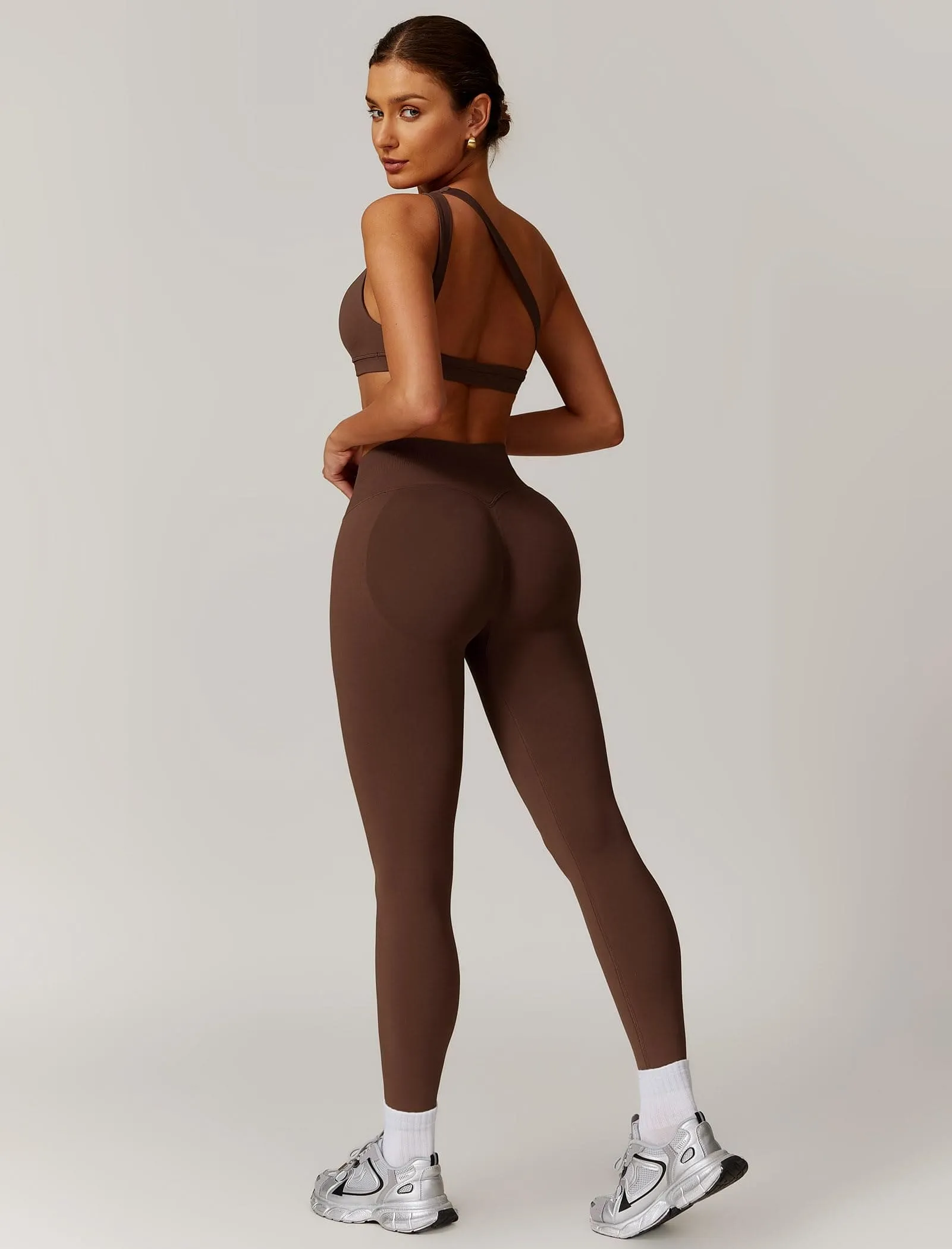 ABOCIW Workout Sets for Women 2 Piece Seamless High Waist Scrunch Butt Lifting Gym Leggings Cutout One Shoulder Sports Bra Yoga Outfits Coffee