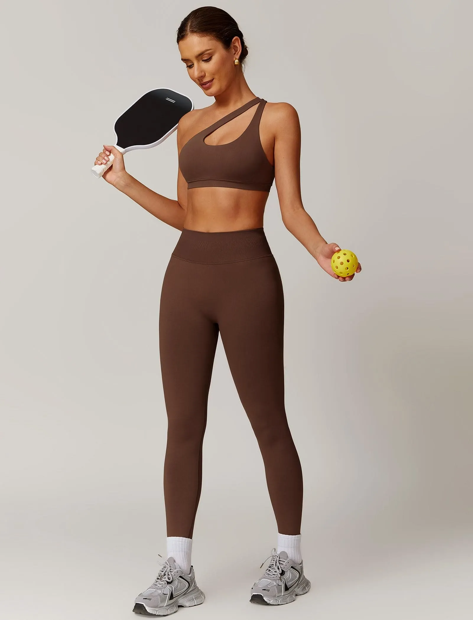ABOCIW Workout Sets for Women 2 Piece Seamless High Waist Scrunch Butt Lifting Gym Leggings Cutout One Shoulder Sports Bra Yoga Outfits Coffee