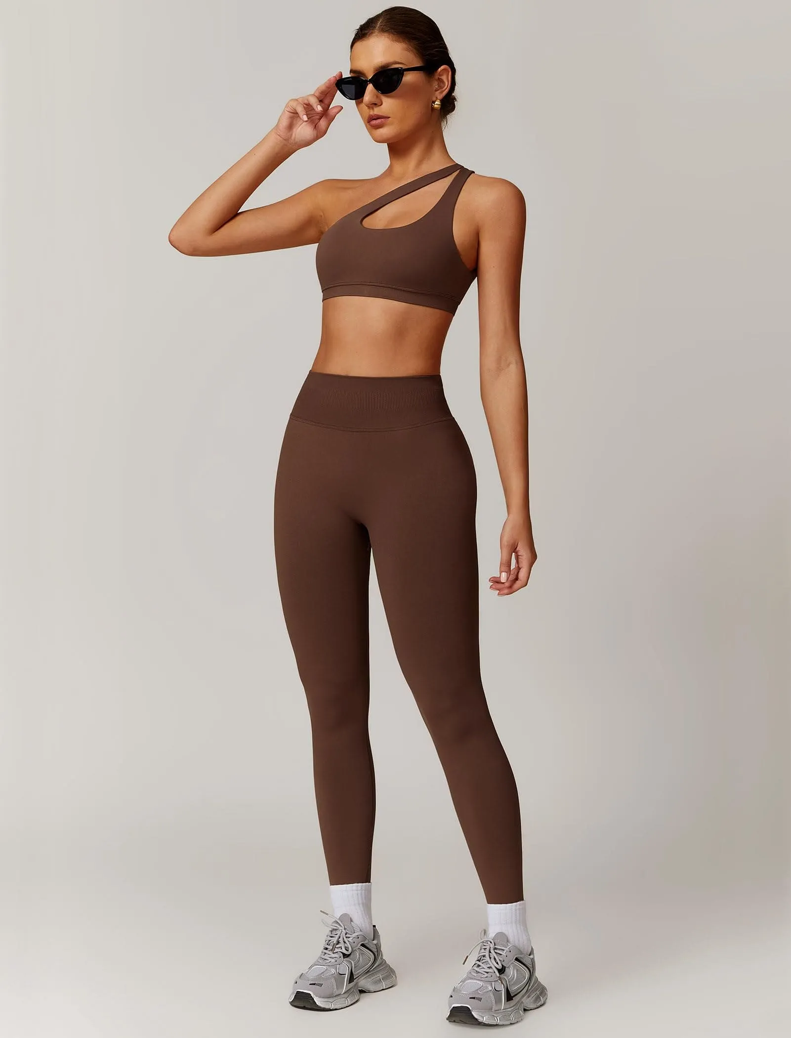 ABOCIW Workout Sets for Women 2 Piece Seamless High Waist Scrunch Butt Lifting Gym Leggings Cutout One Shoulder Sports Bra Yoga Outfits Coffee