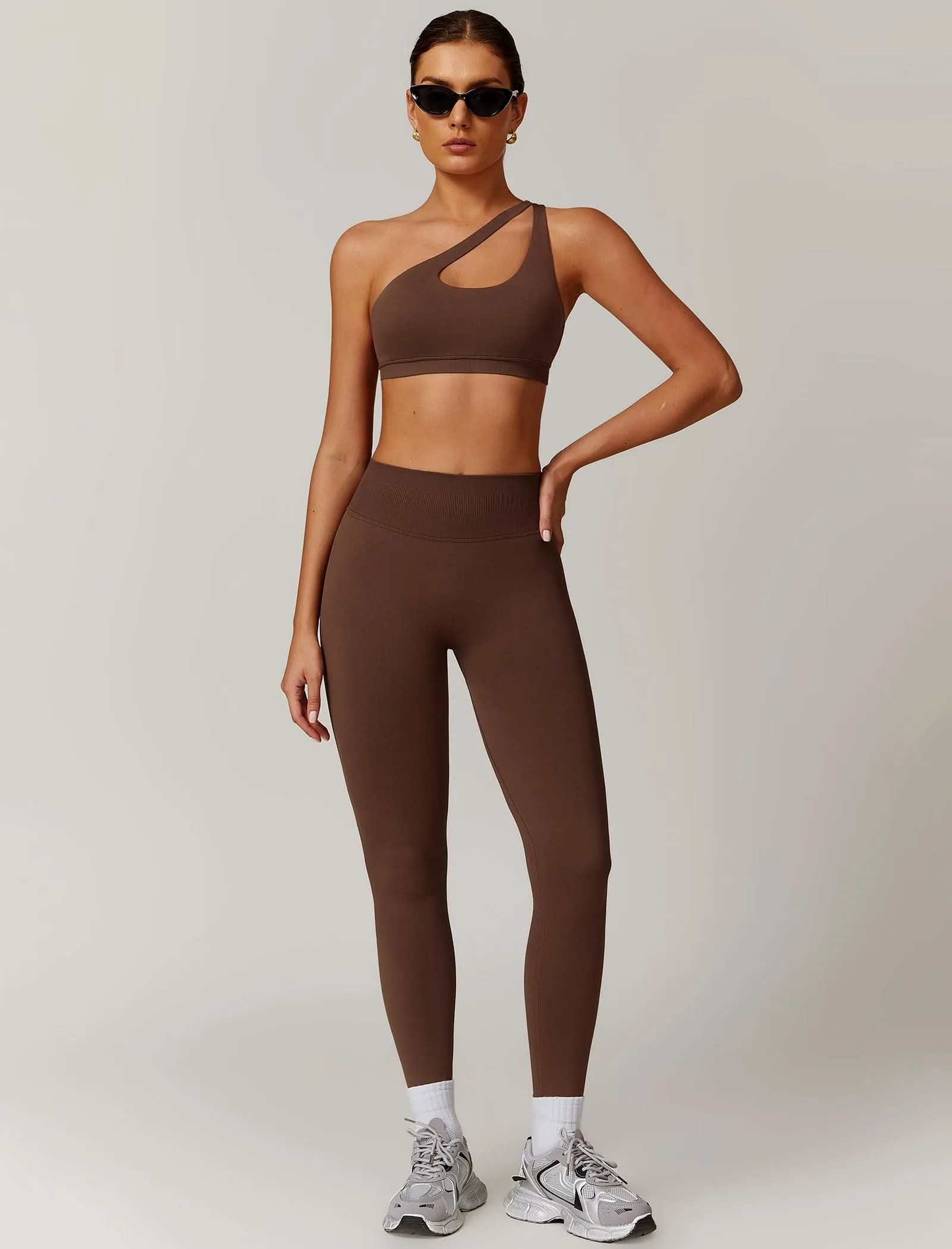 ABOCIW Workout Sets for Women 2 Piece Seamless High Waist Scrunch Butt Lifting Gym Leggings Cutout One Shoulder Sports Bra Yoga Outfits Coffee