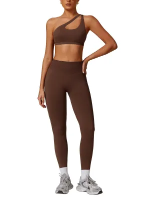 ABOCIW Workout Sets for Women 2 Piece Seamless High Waist Scrunch Butt Lifting Gym Leggings Cutout One Shoulder Sports Bra Yoga Outfits Coffee