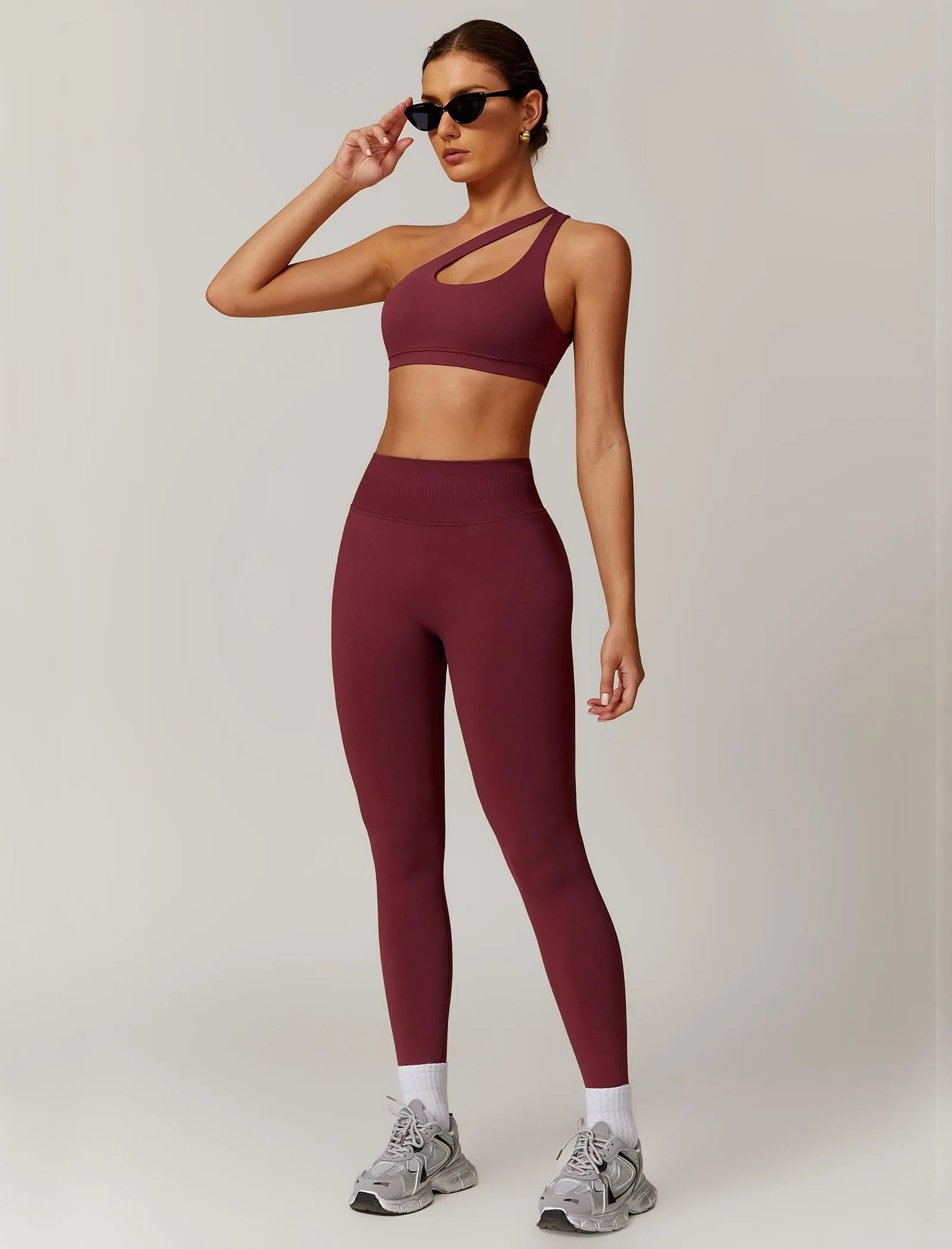 ABOCIW Workout Sets for Women 2 Piece Seamless High Waist Scrunch Butt Lifting Gym Leggings Cutout One Shoulder Sports Bra Yoga Outfits Rosewood