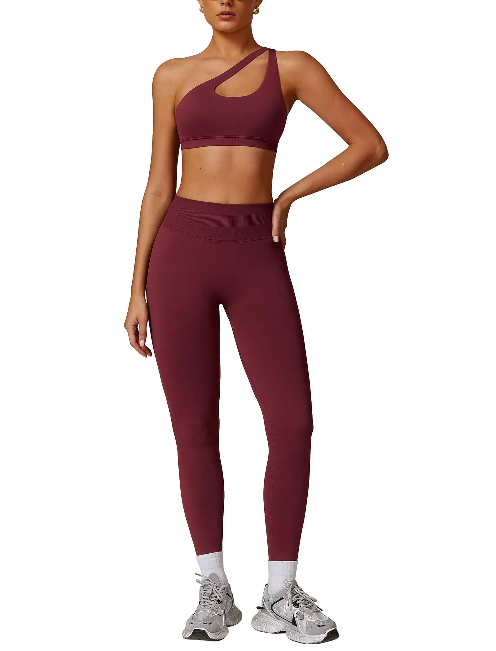 ABOCIW Workout Sets for Women 2 Piece Seamless High Waist Scrunch Butt Lifting Gym Leggings Cutout One Shoulder Sports Bra Yoga Outfits Rosewood