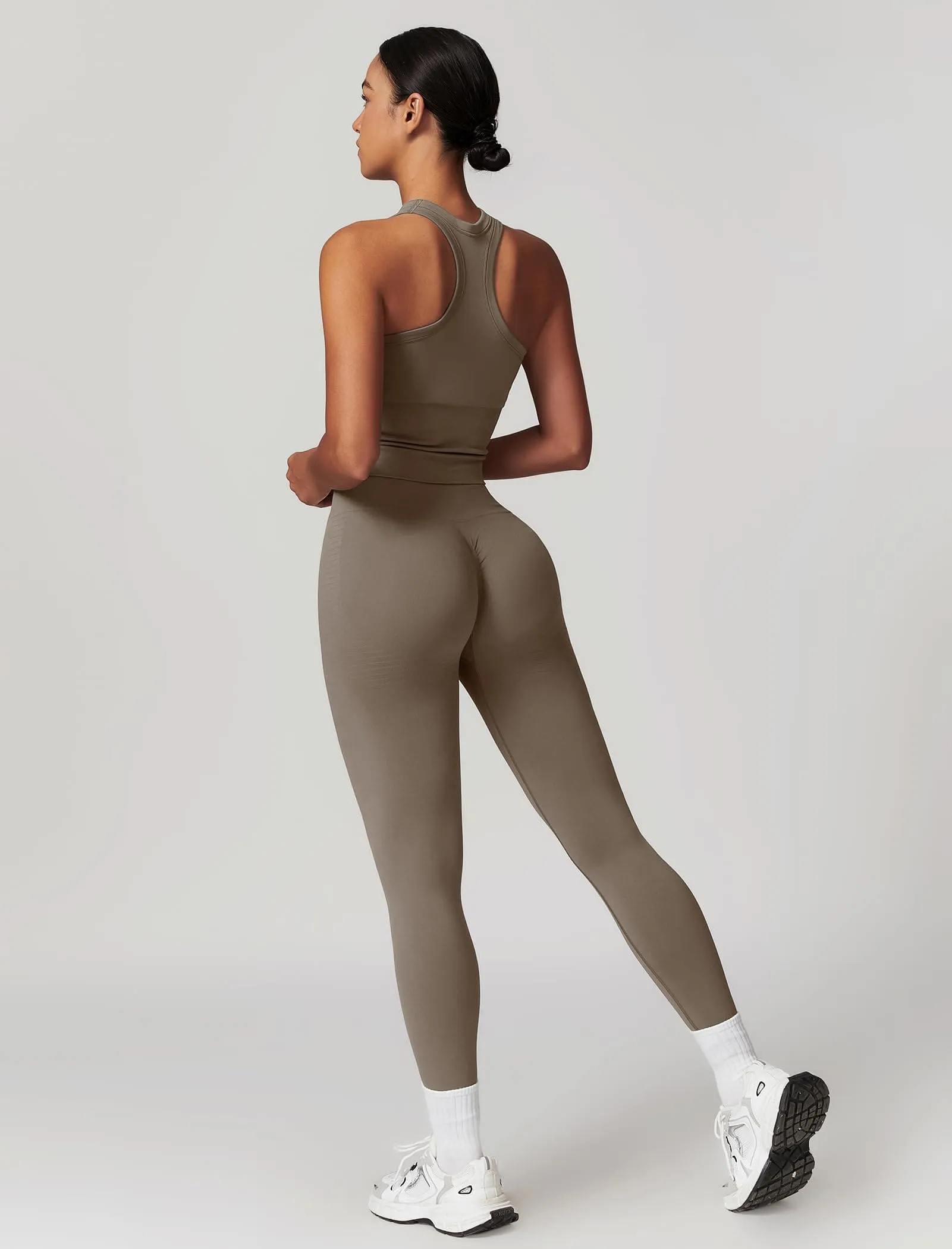 ABOCIW Workout Sets for Women, Ribbed Racerback Tank Top Bra Seamless Scrunch Butt Lifting High Waist Leggings 2 Piece Gym Yoga Outfits Tank Tan