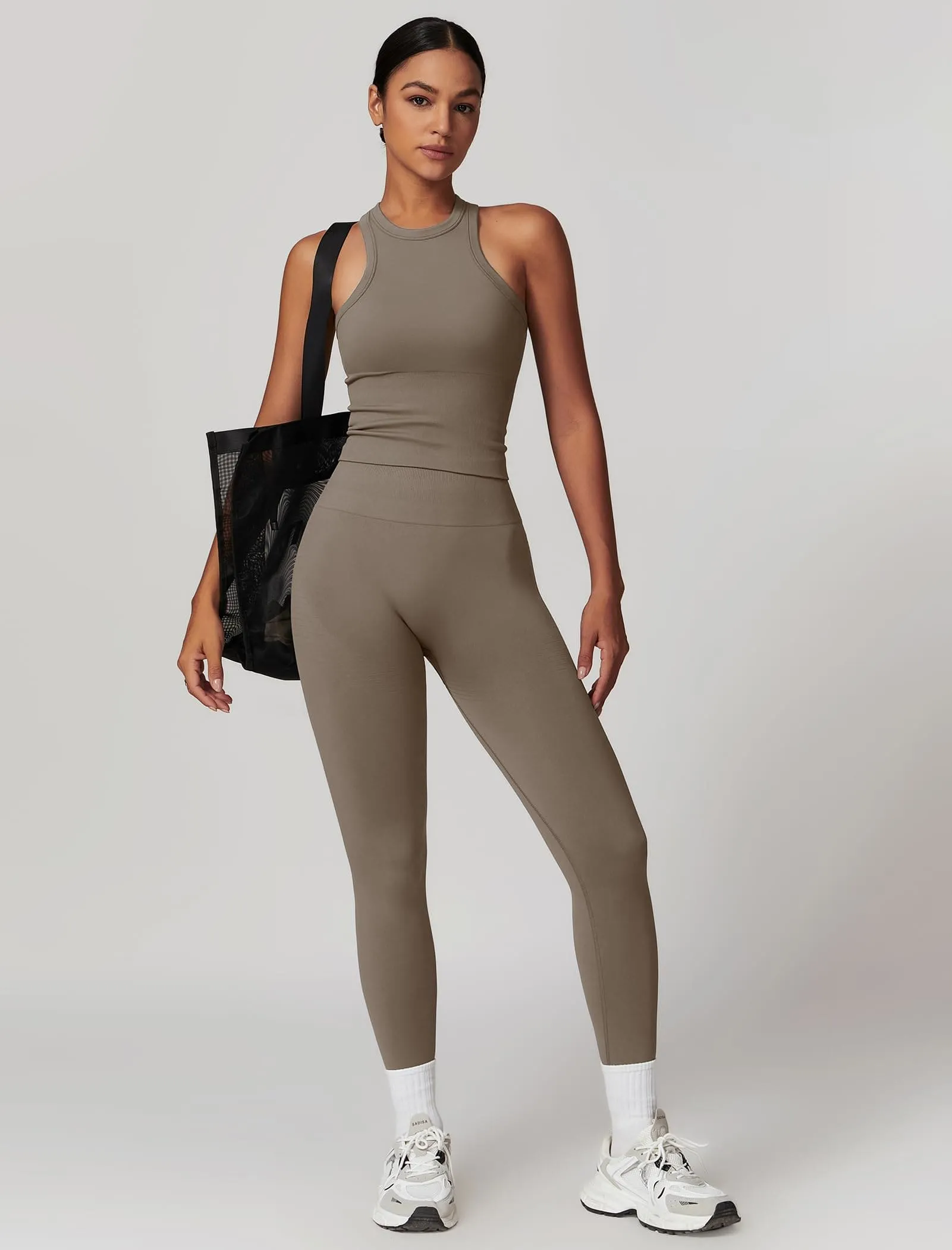 ABOCIW Workout Sets for Women, Ribbed Racerback Tank Top Bra Seamless Scrunch Butt Lifting High Waist Leggings 2 Piece Gym Yoga Outfits Tank Tan