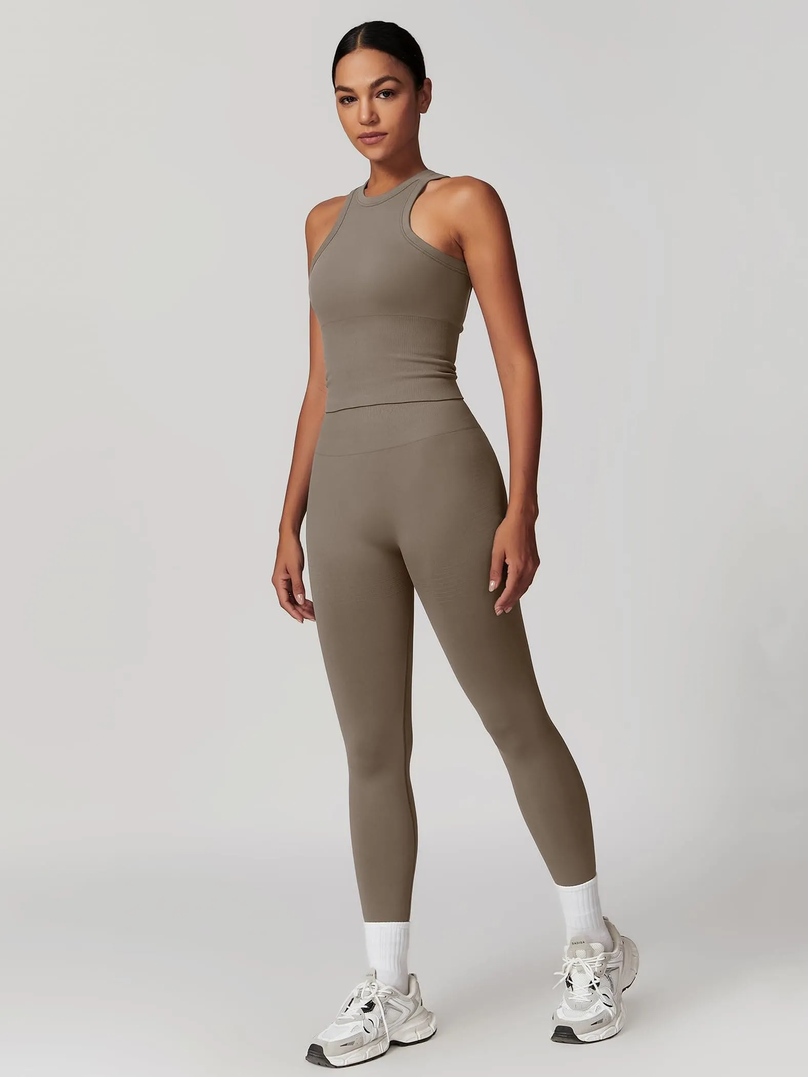 ABOCIW Workout Sets for Women, Ribbed Racerback Tank Top Bra Seamless Scrunch Butt Lifting High Waist Leggings 2 Piece Gym Yoga Outfits Tank Tan