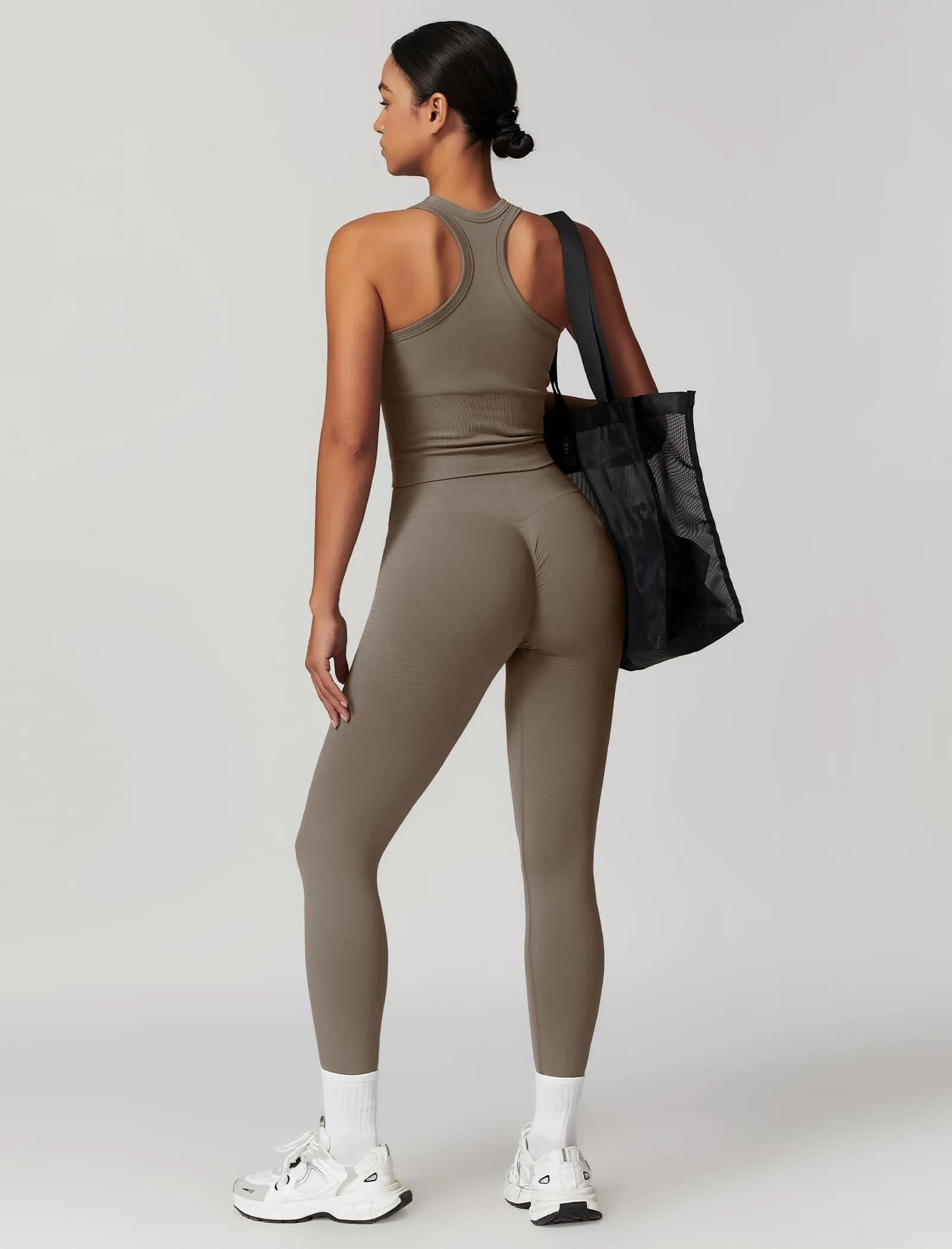 ABOCIW Workout Sets for Women, Ribbed Racerback Tank Top Bra Seamless Scrunch Butt Lifting High Waist Leggings 2 Piece Gym Yoga Outfits Tank Tan