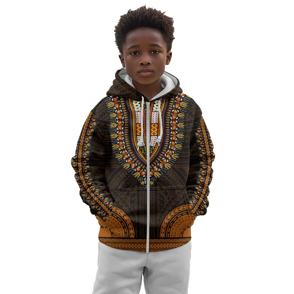 African Dashiki and Polynesian Pattern Kid Hoodie Gold LT9