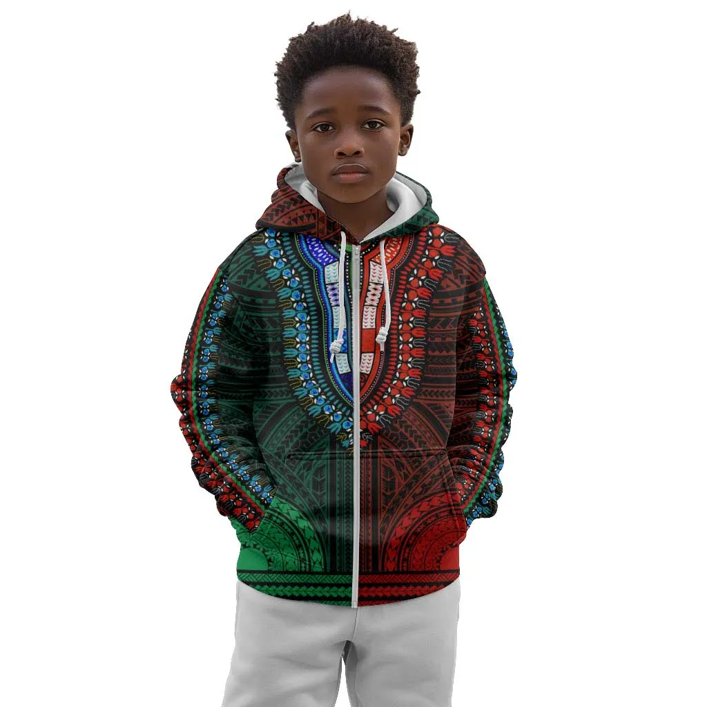 African Dashiki and Polynesian Pattern Kid Hoodie Half Green-Red LT9