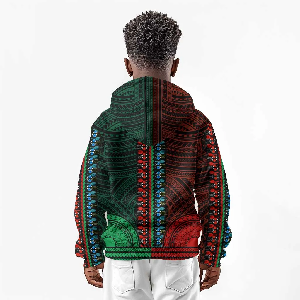 African Dashiki and Polynesian Pattern Kid Hoodie Half Green-Red LT9
