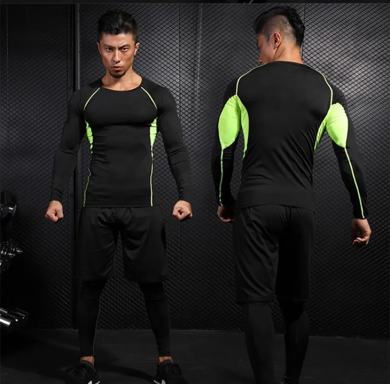 ANYMENS Fitness Clothes Black Set 2pcs Men Compression V Line Sportswear Suit Gym Tight Sports Running Workout Jogging Tracksuit Pants