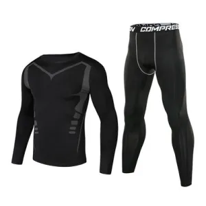 ANYMENS Fitness Clothes Black Set 2pcs Men Compression V Line Sportswear Suit Gym Tight Sports Running Workout Jogging Tracksuit Pants