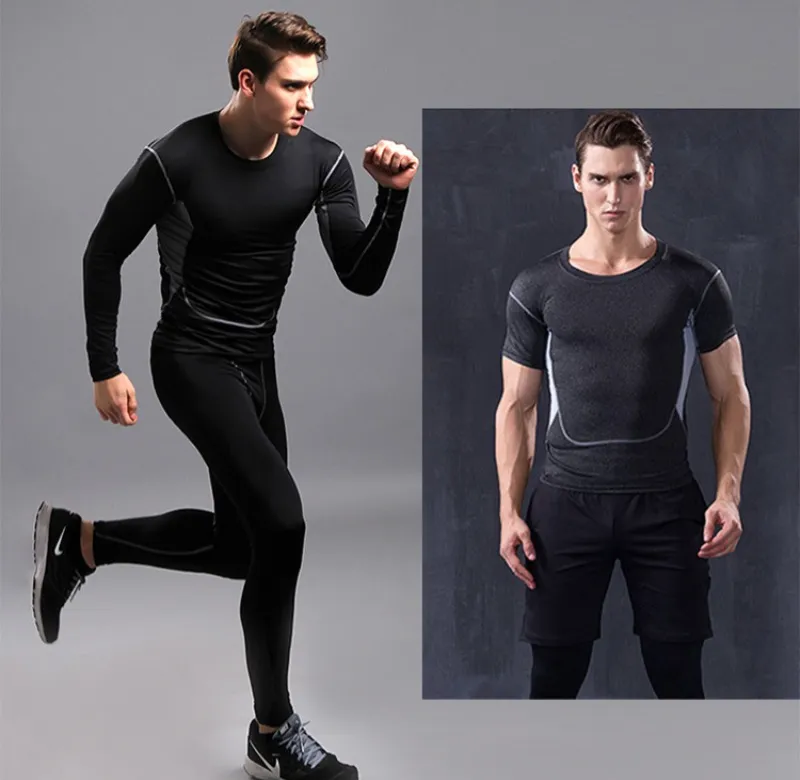 ANYMENS Fitness Clothes Black Set 2pcs Men Compression V Line Sportswear Suit Gym Tight Sports Running Workout Jogging Tracksuit Pants