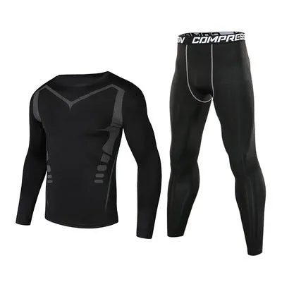ANYMENS Fitness Clothes Black Set 2pcs Men Compression V Line Sportswear Suit Gym Tight Sports Running Workout Jogging Tracksuit Pants