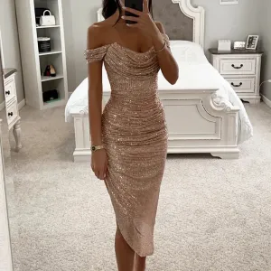 Asymmetrical One Shoulde  Shinny Glitter Fold Elegant Bodycon Banquet Party Dress