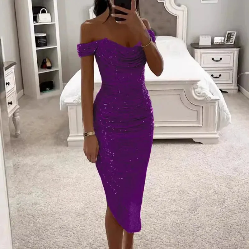 Asymmetrical One Shoulde  Shinny Glitter Fold Elegant Bodycon Banquet Party Dress