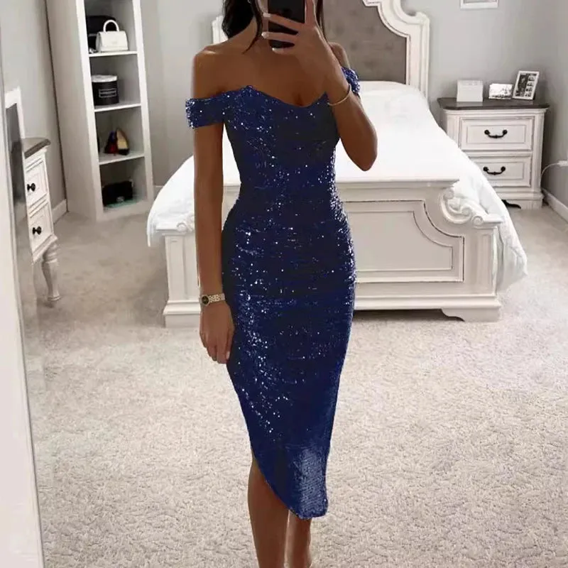 Asymmetrical One Shoulde  Shinny Glitter Fold Elegant Bodycon Banquet Party Dress