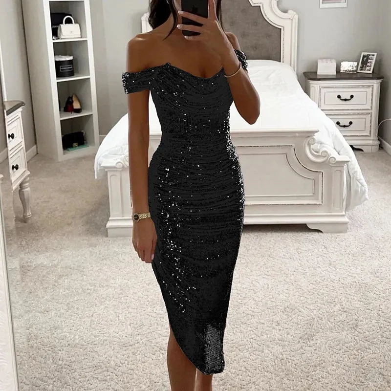 Asymmetrical One Shoulde  Shinny Glitter Fold Elegant Bodycon Banquet Party Dress
