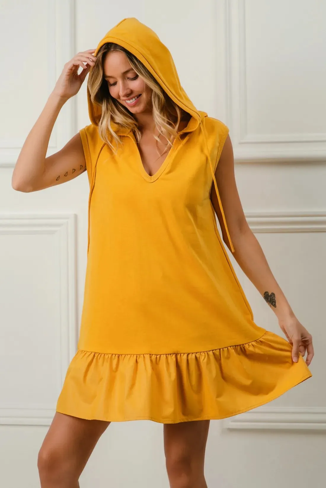 BiBi Ruffled French Terry Hooded Dress