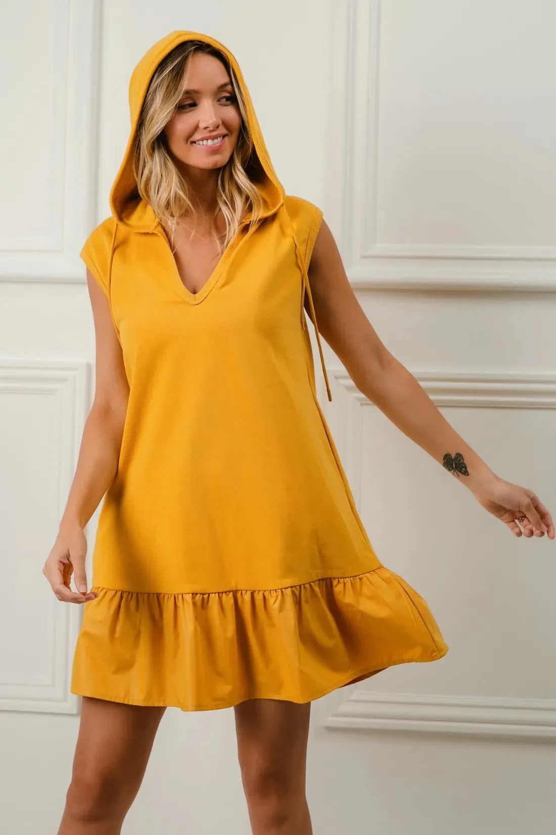 BiBi Ruffled French Terry Hooded Dress