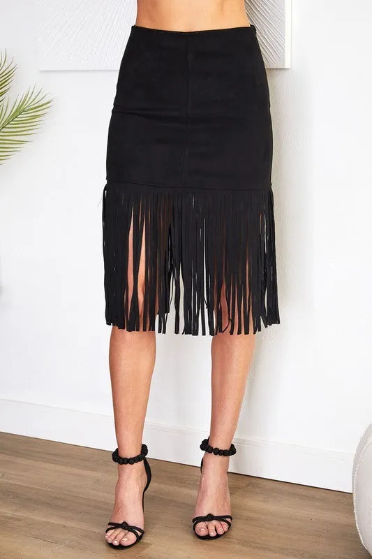 Black Faux Suede Mid Length Fringed Venti Skirt 8/10/23 6813