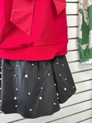 BLACK VEGAN LEATHER SKORT W/PEARL DETAIL