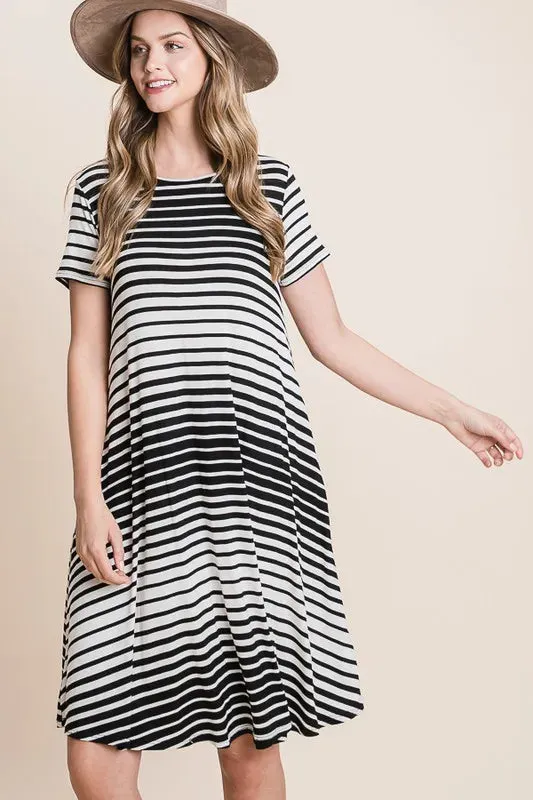 BOMBOM Casual Stripe Round Neck Tee Dress