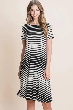 BOMBOM Casual Stripe Round Neck Tee Dress