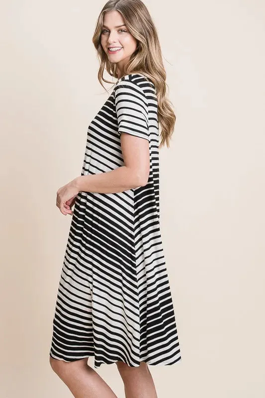 BOMBOM Casual Stripe Round Neck Tee Dress