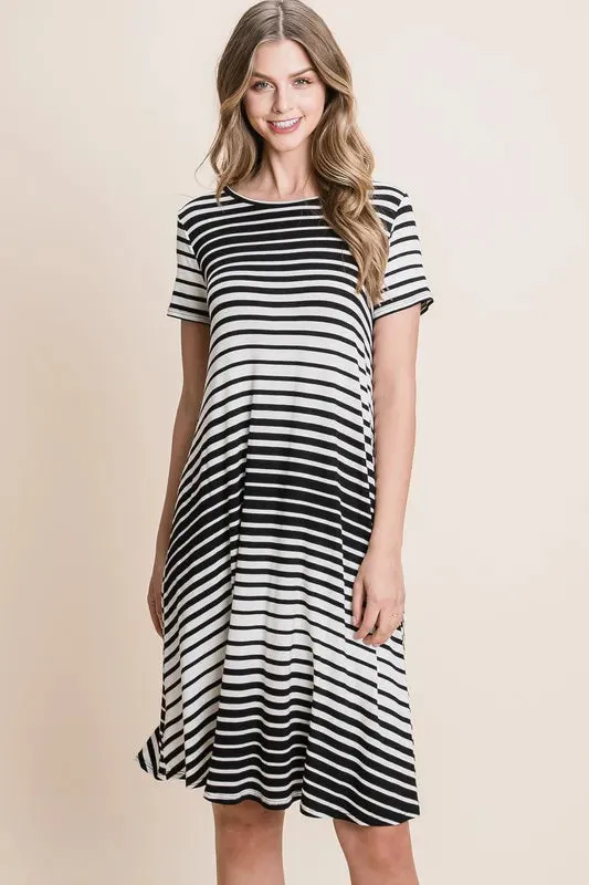 BOMBOM Casual Stripe Round Neck Tee Dress