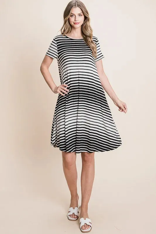 BOMBOM Casual Stripe Round Neck Tee Dress