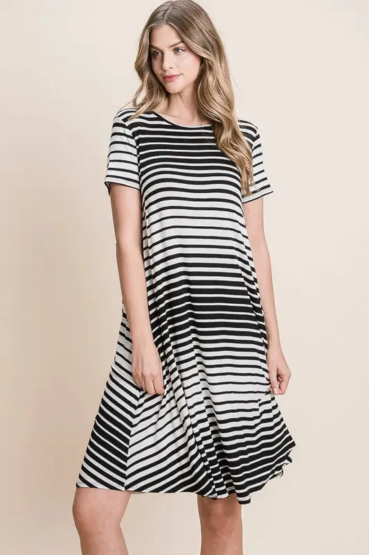 BOMBOM Casual Stripe Round Neck Tee Dress