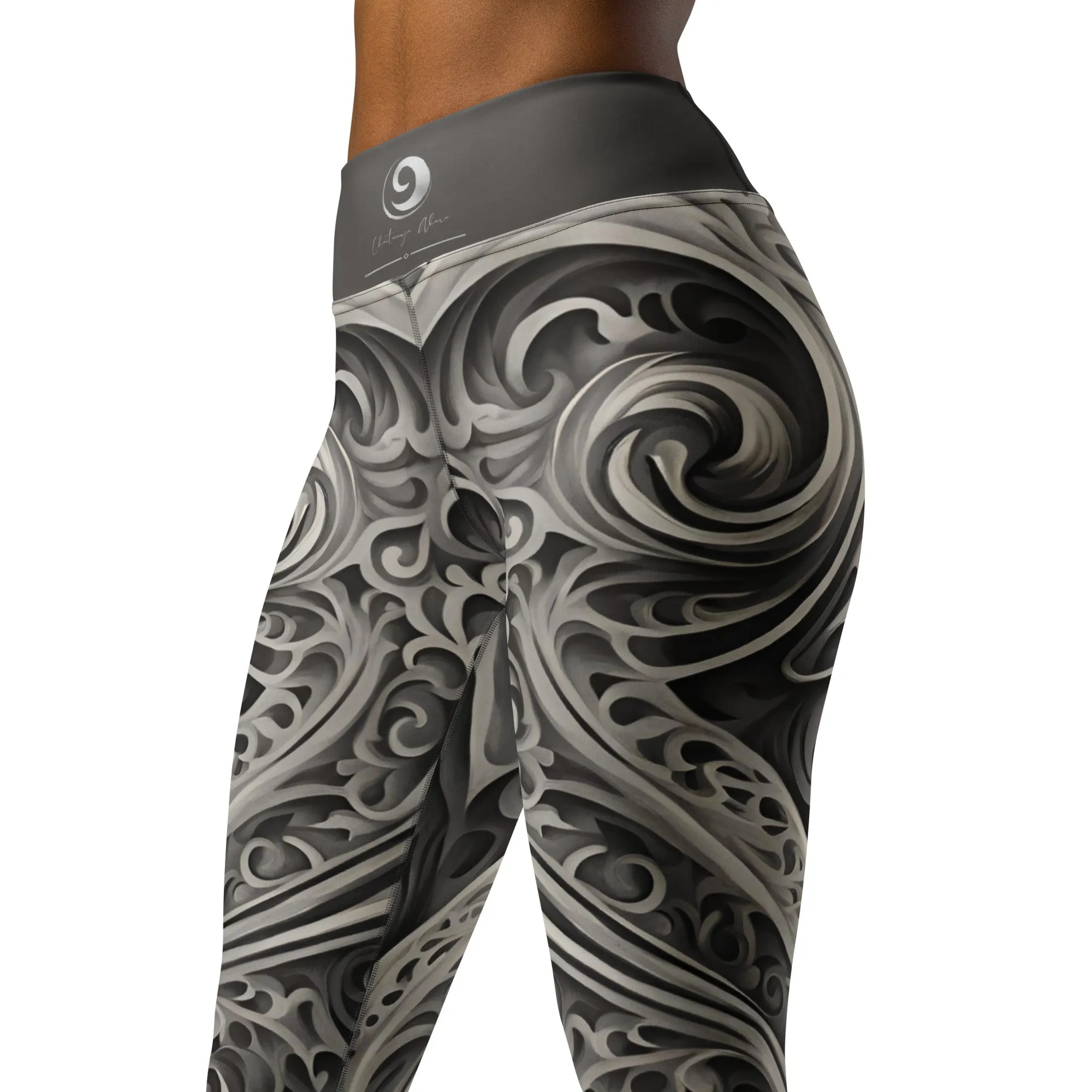 Chaitanya Abara Charcoal Gray Paisley Pattern Yoga Leggings