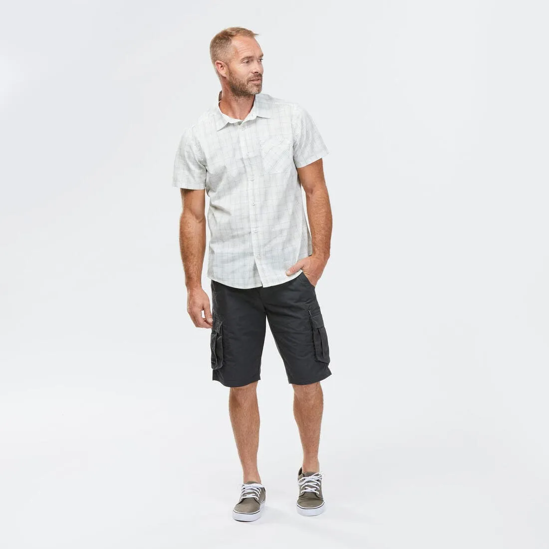 Chemise de Trekking voyage TRAVEL 100 carreaux manches courtes blanche homme