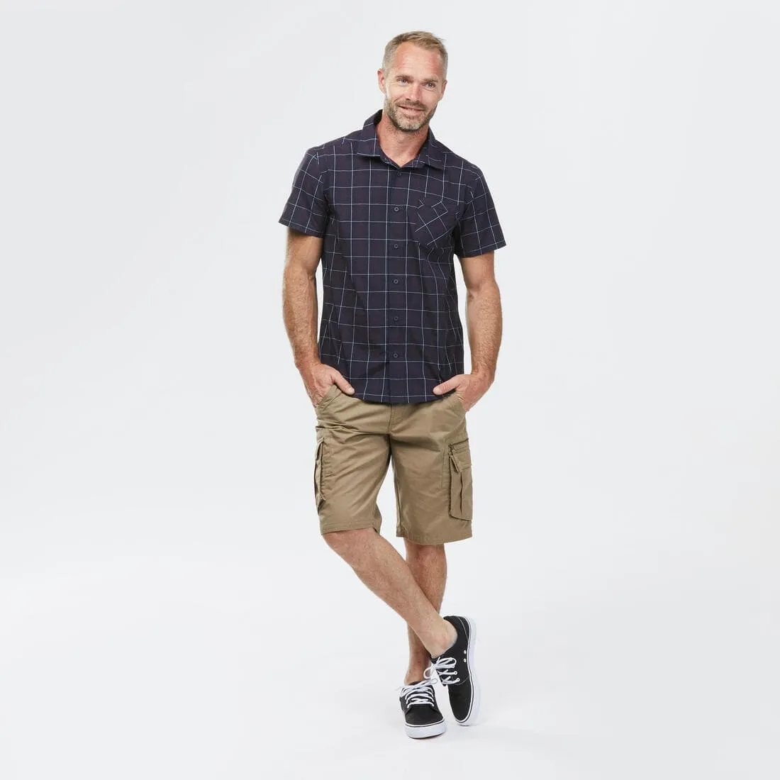 Chemise de Trekking voyage TRAVEL 100 carreaux manches courtes blanche homme