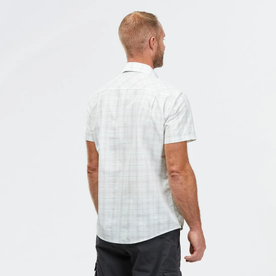 Chemise de Trekking voyage TRAVEL 100 carreaux manches courtes blanche homme
