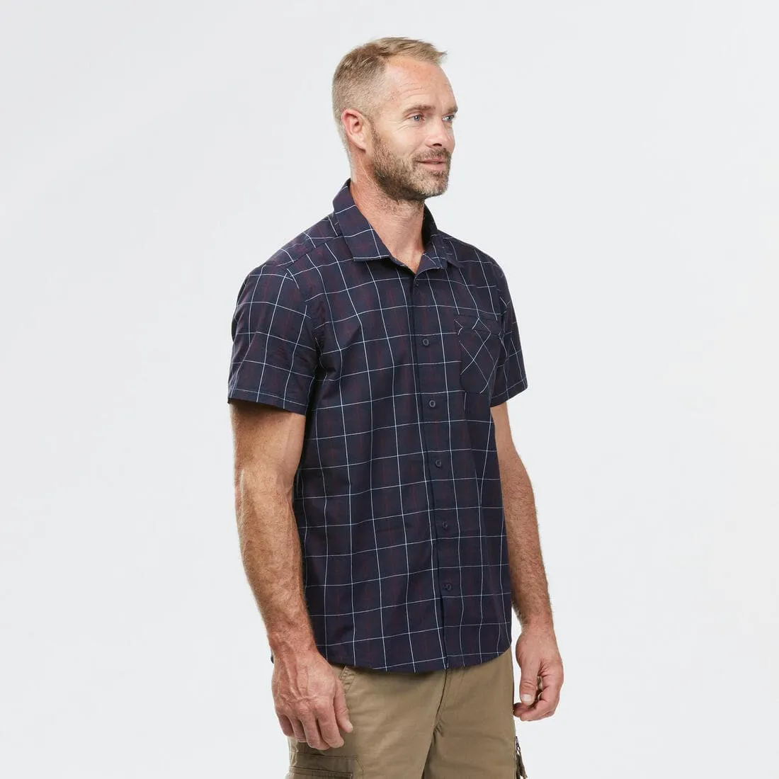 Chemise de Trekking voyage TRAVEL 100 carreaux manches courtes blanche homme