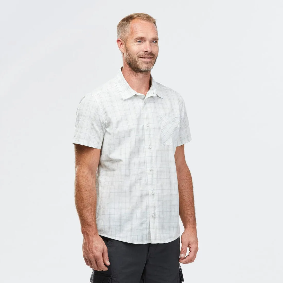 Chemise de Trekking voyage TRAVEL 100 carreaux manches courtes blanche homme