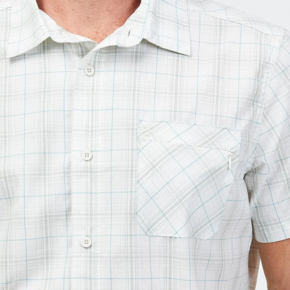 Chemise de Trekking voyage TRAVEL 100 carreaux manches courtes blanche homme
