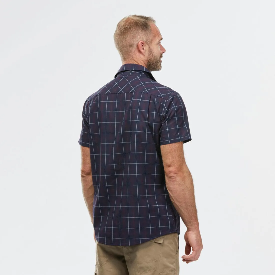 Chemise de Trekking voyage TRAVEL 100 carreaux manches courtes blanche homme
